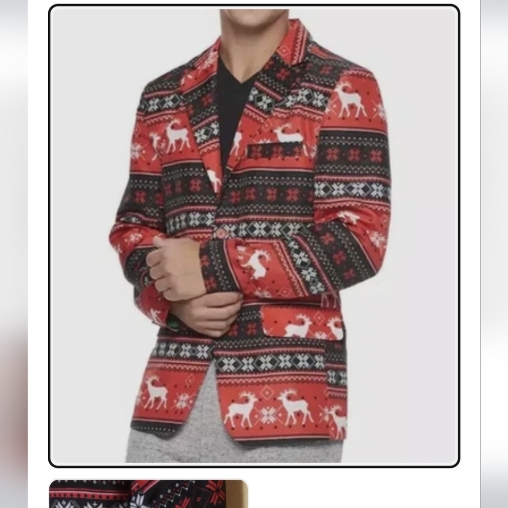 Festive Red Black Reindeer Snowflake Christmas Holiday Novelty Blazer
